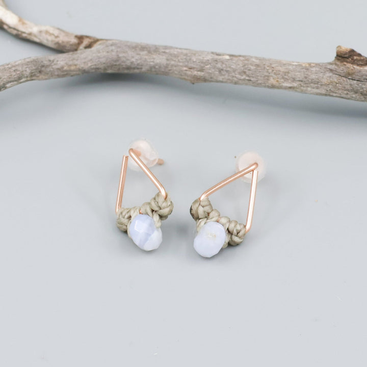 handmade rose gold triangle earrings with blue lace agate beads