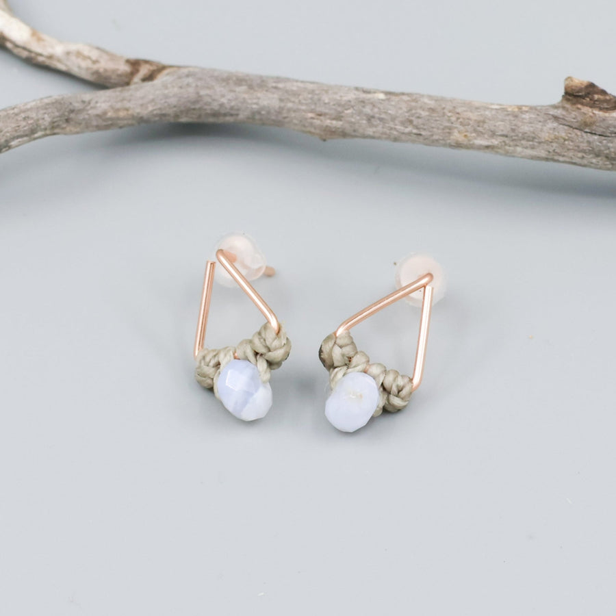 handmade rose gold triangle earrings with blue lace agate beads