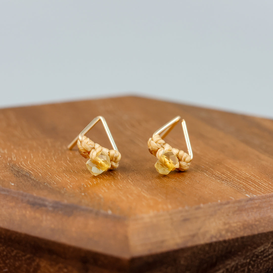 handmade gold fill  triangle stud earrings with a citrine bead