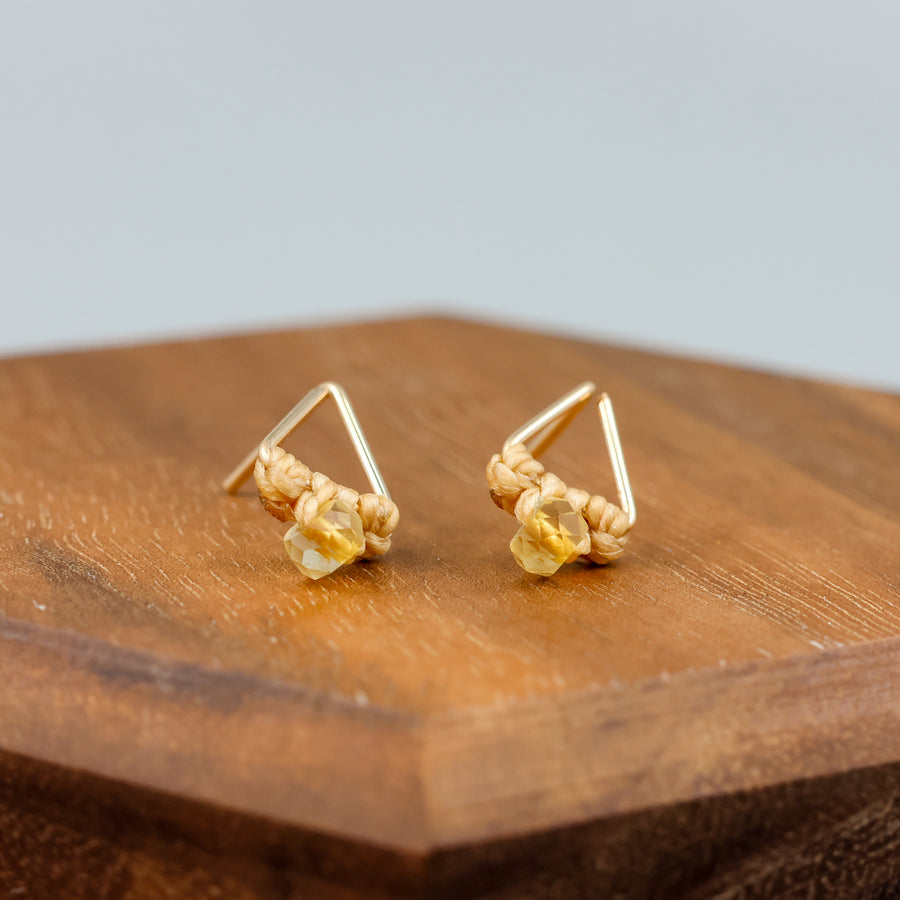 handmade gold fill  triangle stud earrings with a citrine bead
