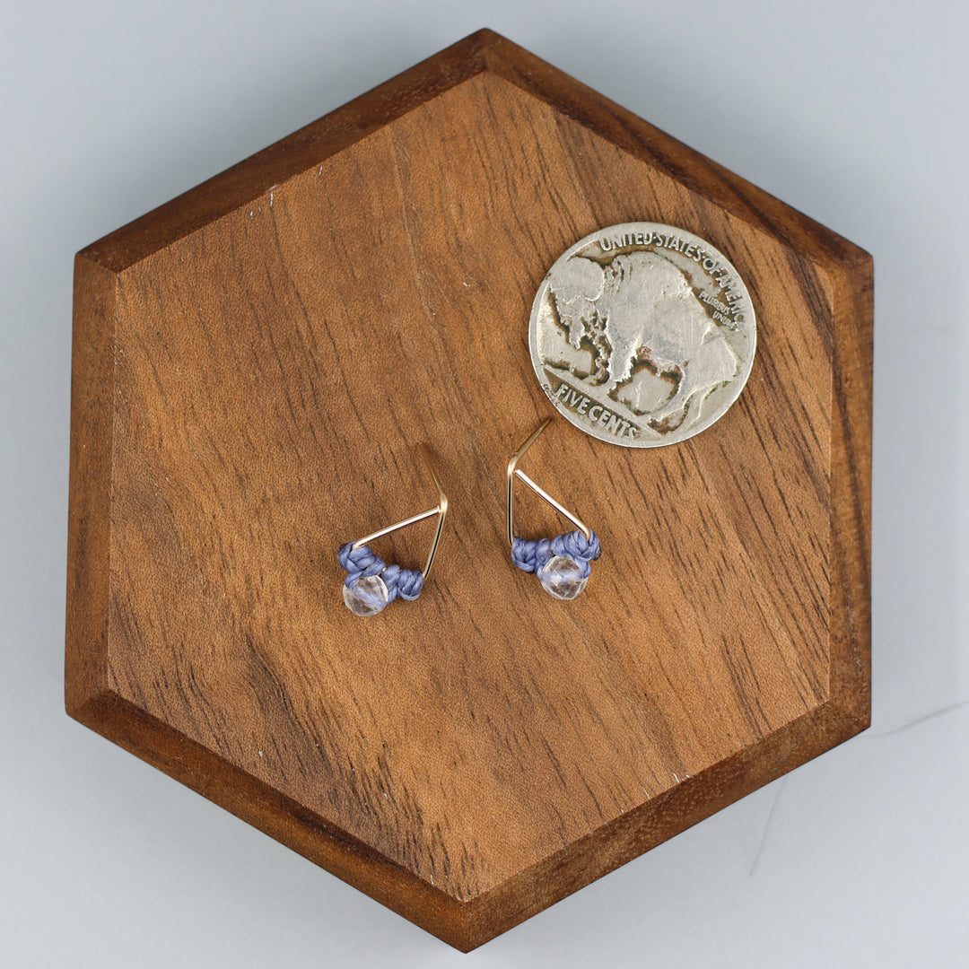 handmade gold fill  triangle stud earrings with a clear quartz beads with a nickel for size comparison