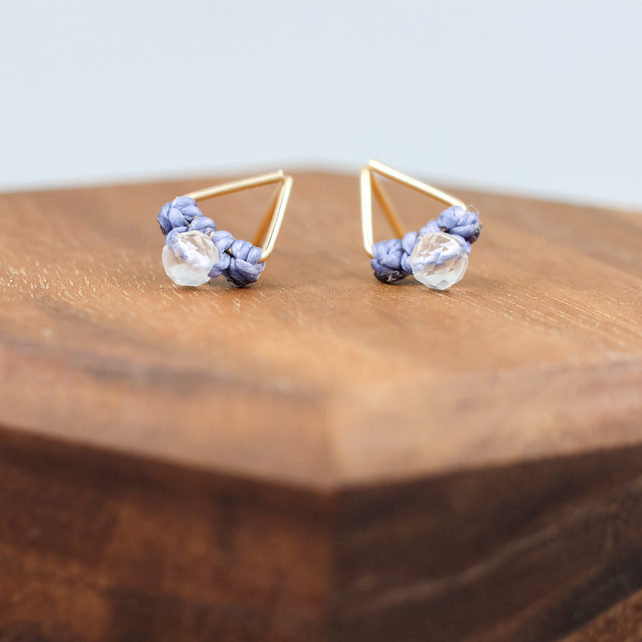 handmade gold fill  triangle stud earrings with a clear quartz beads