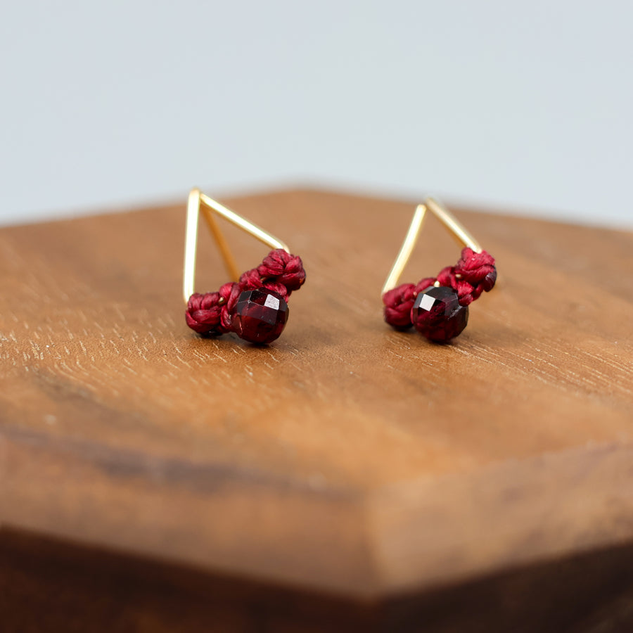 handmade gold filled triangle stud earrings with garnet beads