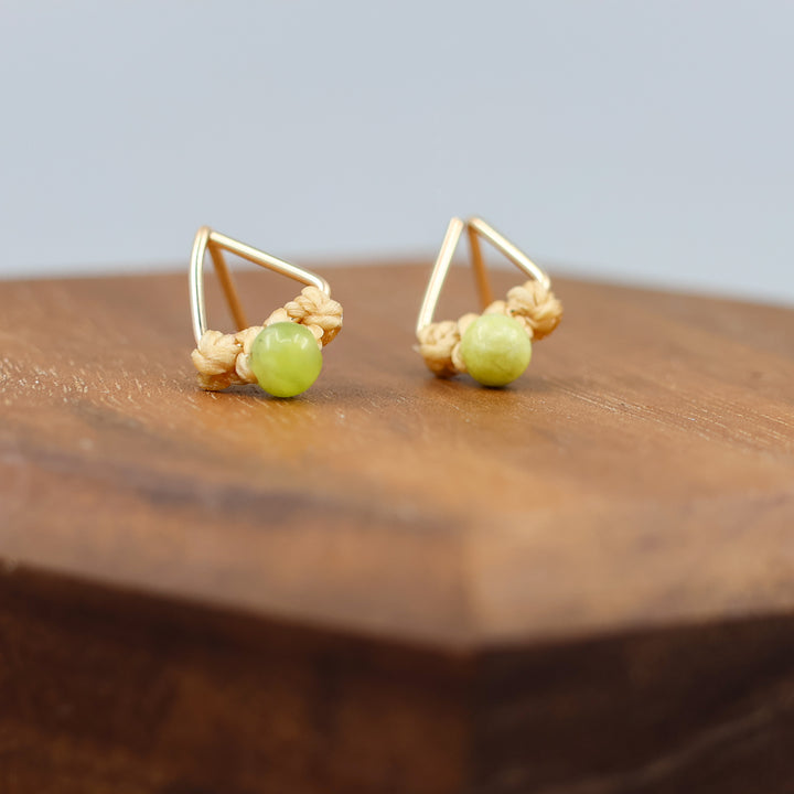 handmade gold fill  triangle stud earrings with peridot beads