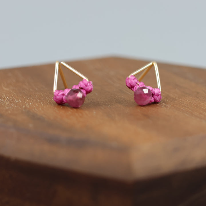 handmade gold filled triangle stud earrings with pink tourmaline beads
