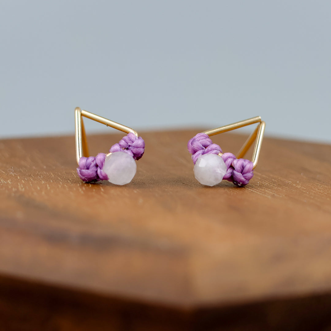 handmade triangle shaped earrings in gold fill with a rainbow moonstone bead