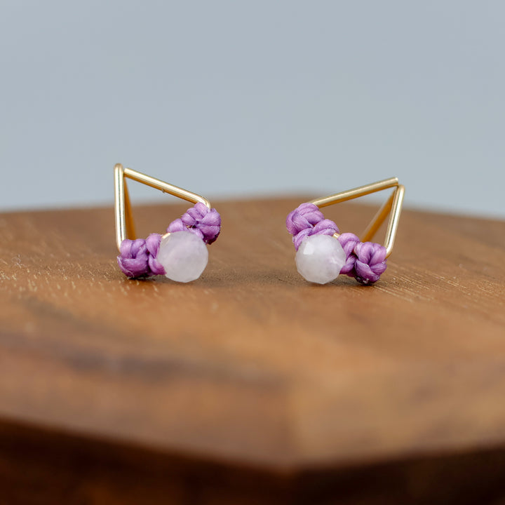 handmade triangle shaped earrings in gold fill with a rainbow moonstone bead