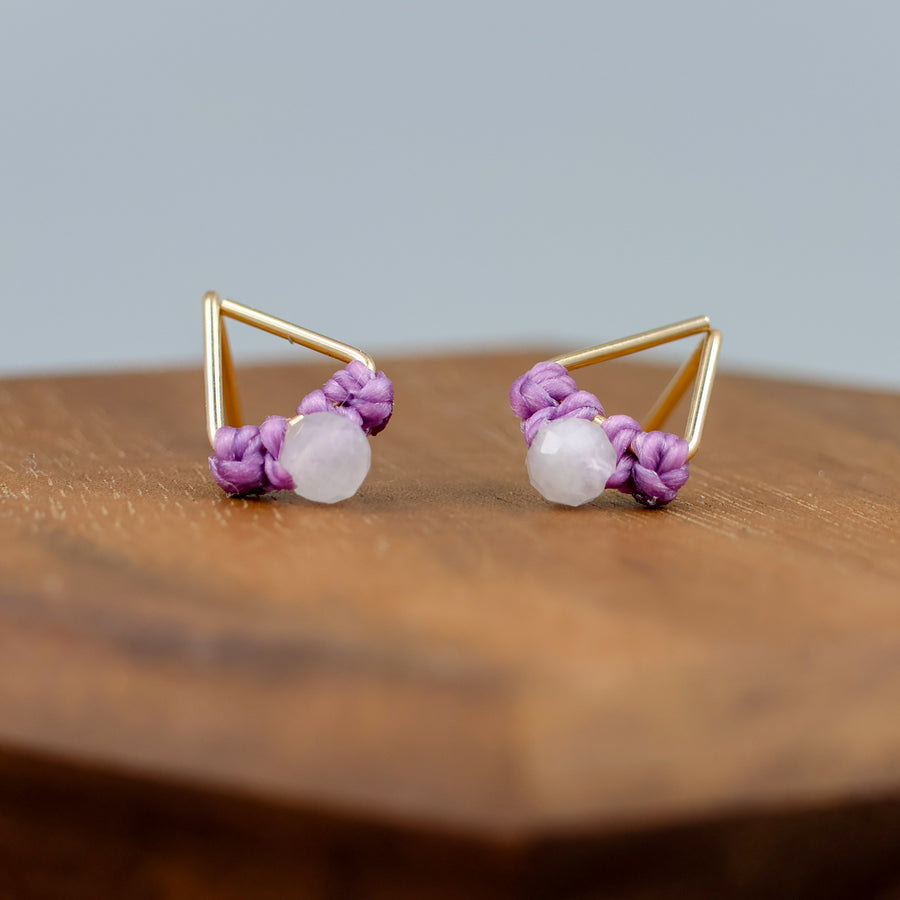 handmade triangle shaped earrings in gold fill with a rainbow moonstone bead