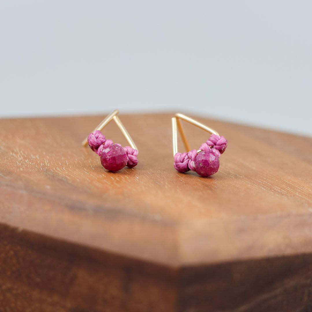 handmade gold filled triangle stud earrings with ruby beads