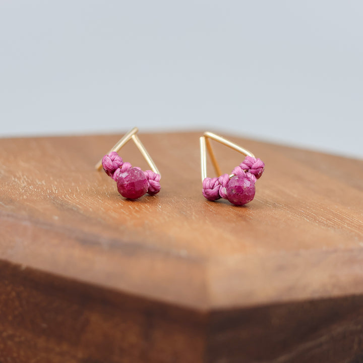 handmade gold filled triangle stud earrings with ruby beads