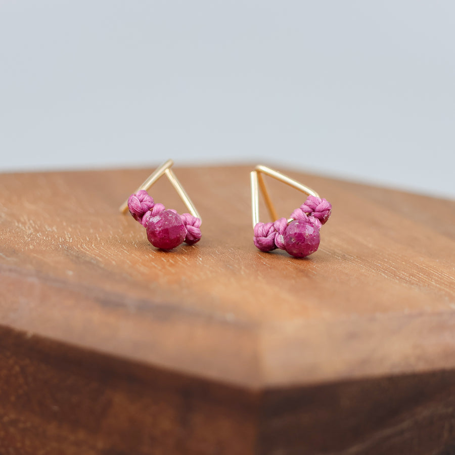 handmade gold filled triangle stud earrings with ruby beads