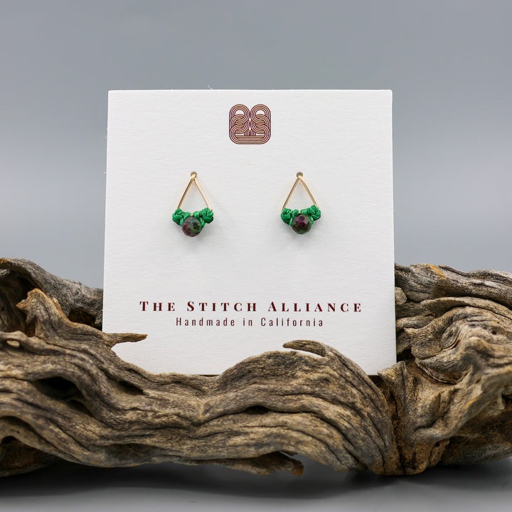 handmade gold filled triangle stud earrings with ruby zoisite beads on a white card