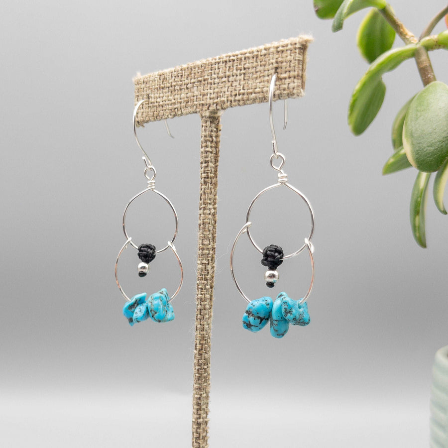 Double hoop sterling silver earrings with turquoise beads