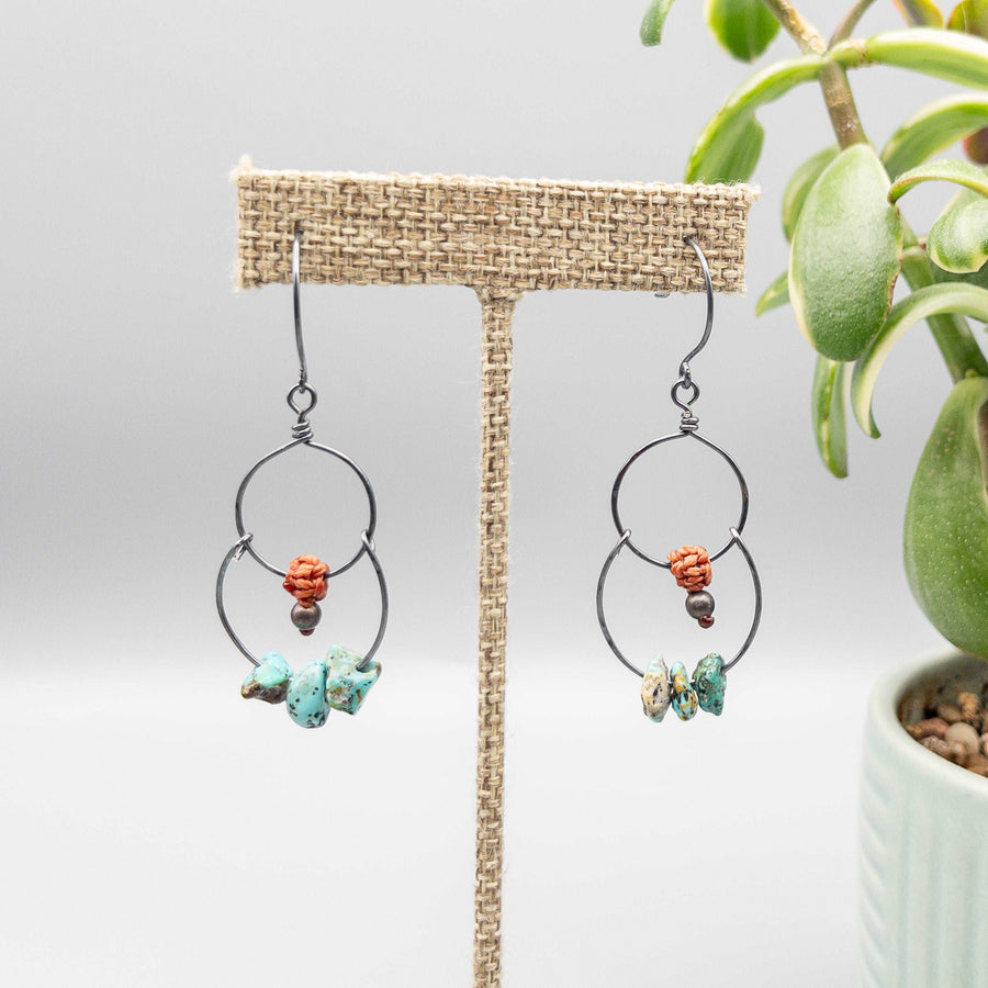 Double hoop earrings with vintage turquoise beads oxidized sterling silver