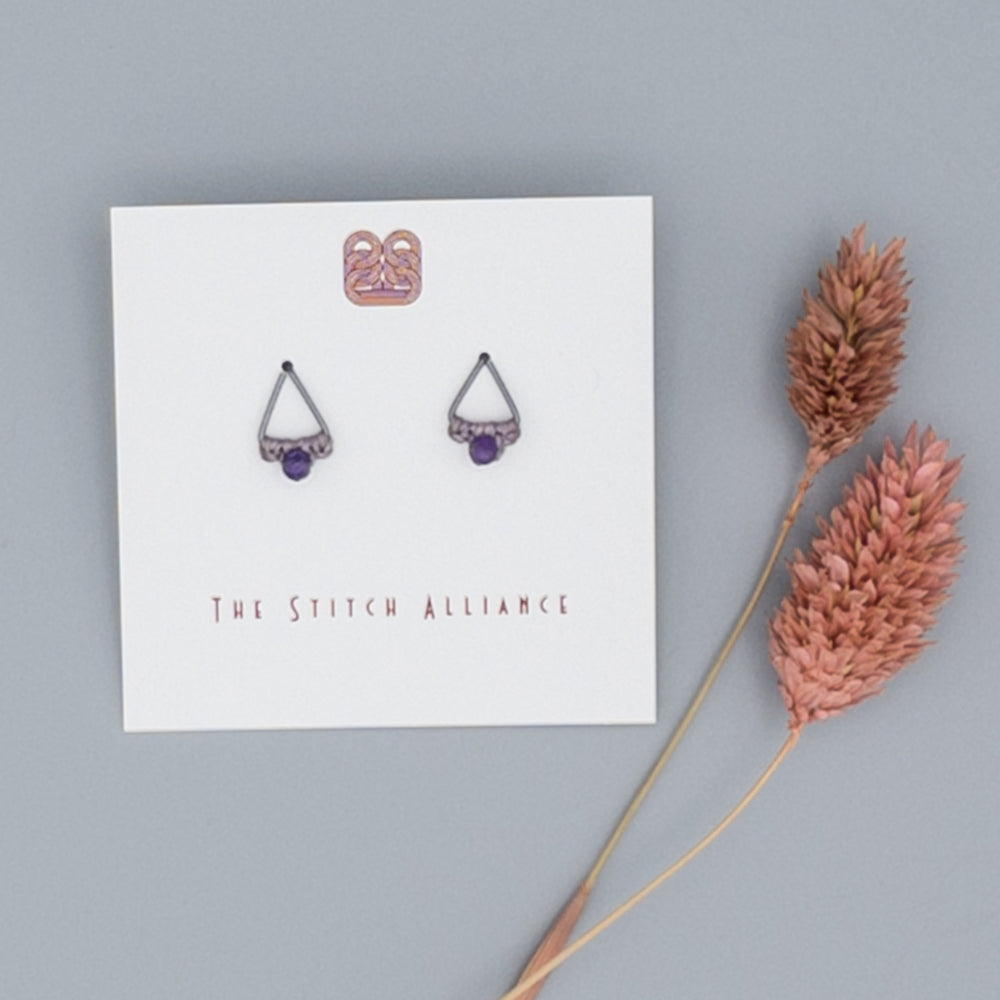 handmade silver triangle stud earrings with amethyst beads
