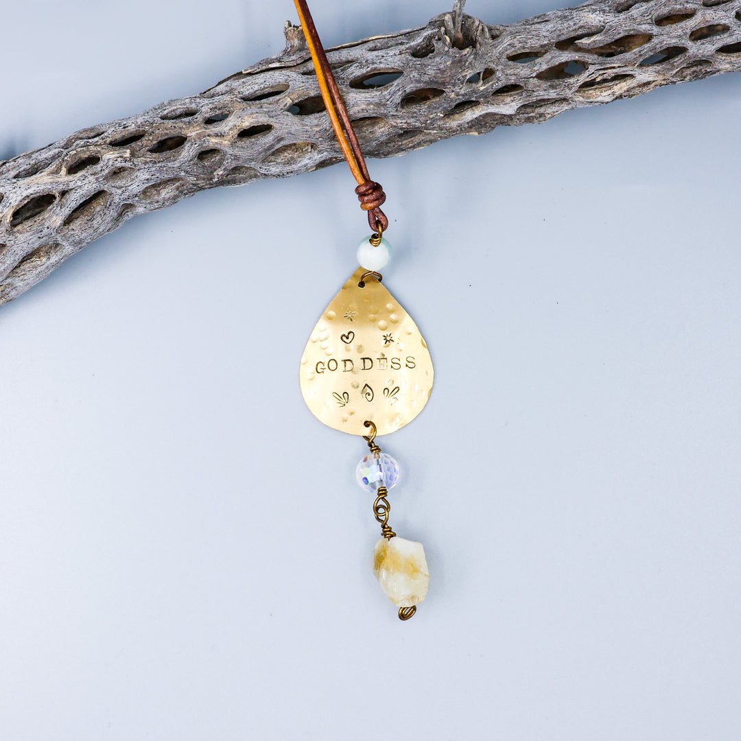 Handmade Goddess Brass Suncatcher with Citrine and Amazonite beads