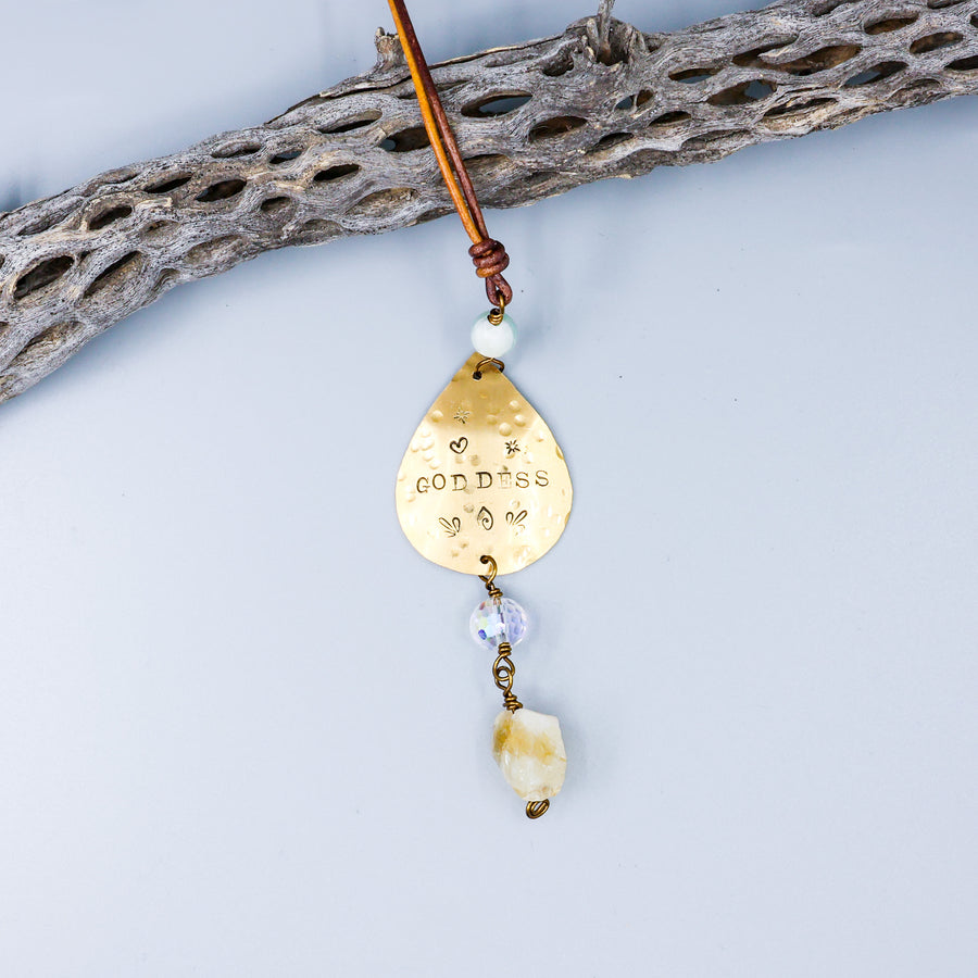 Handmade Goddess Brass Suncatcher with Citrine and Amazonite beads