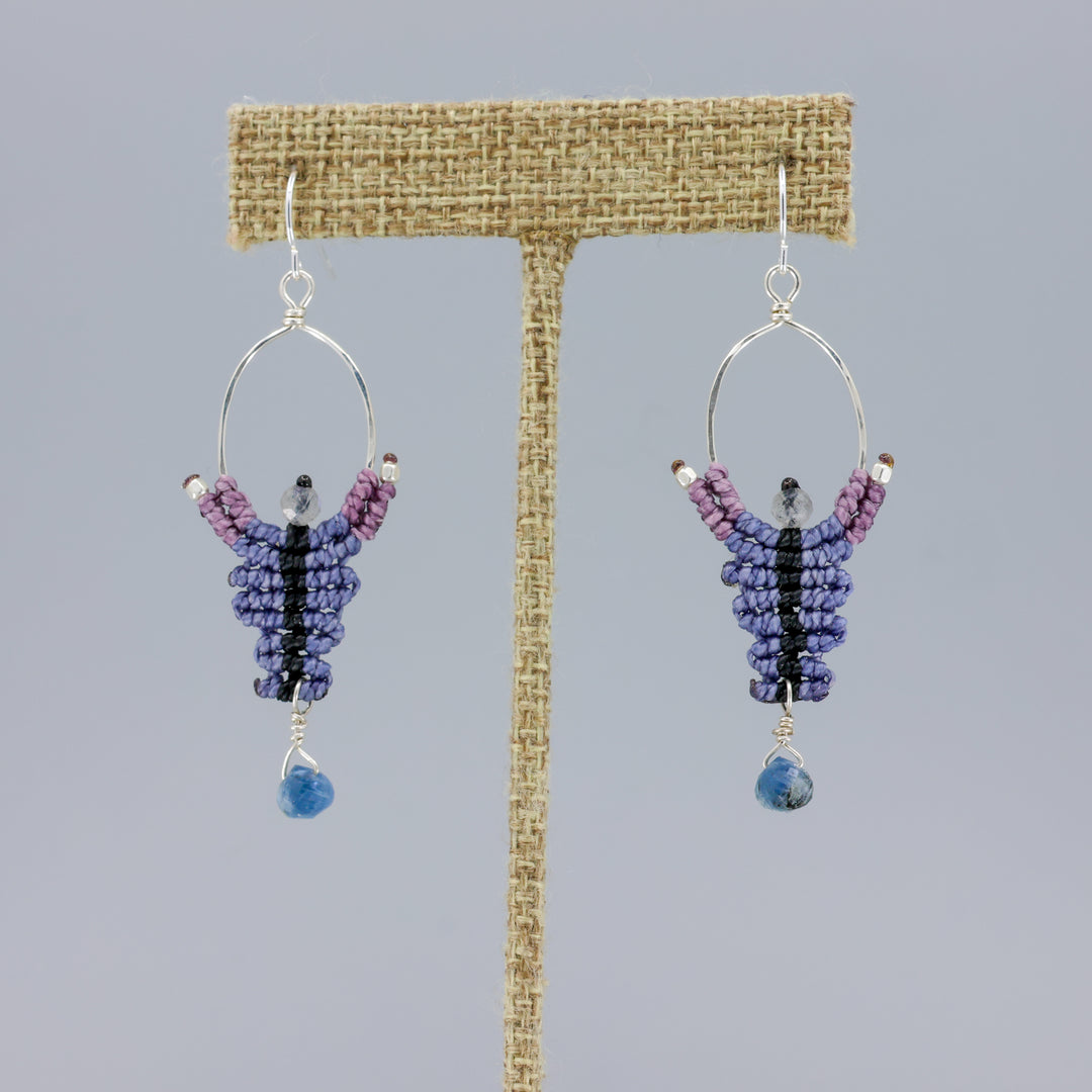 handmade macrame earrings, sterling silver hoops with kyanite and labradorite beads