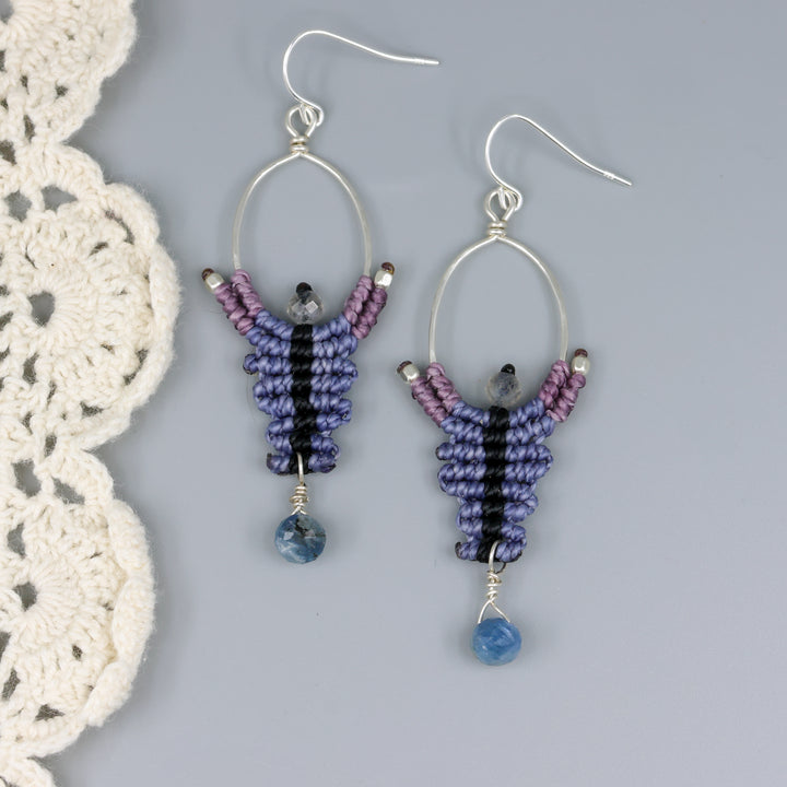 handmade macrame earrings, sterling silver hoops with kyanite and labradorite beads overhead view