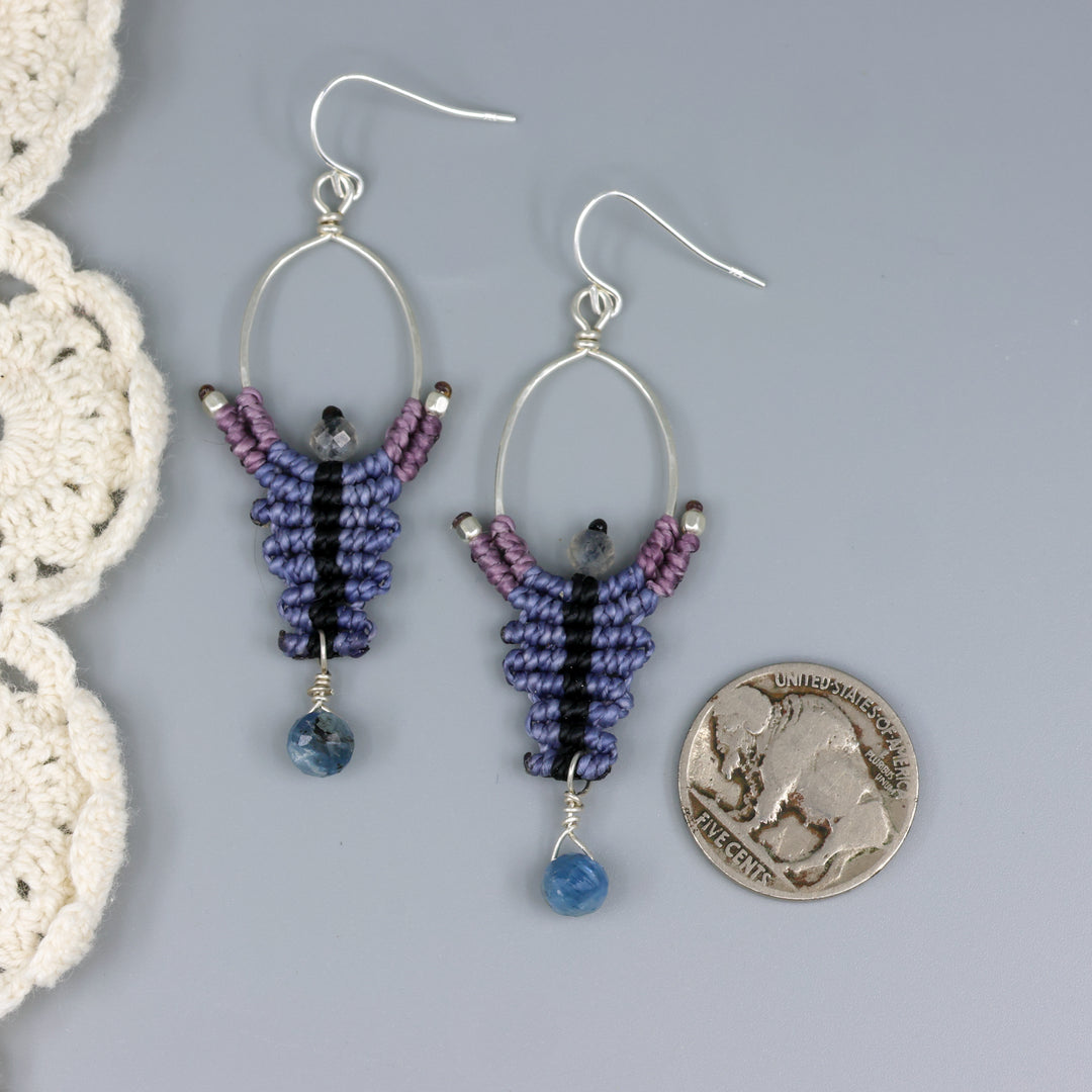 handmade macrame earrings, sterling silver hoops with kyanite and labradorite beads with a nickel for size comparison