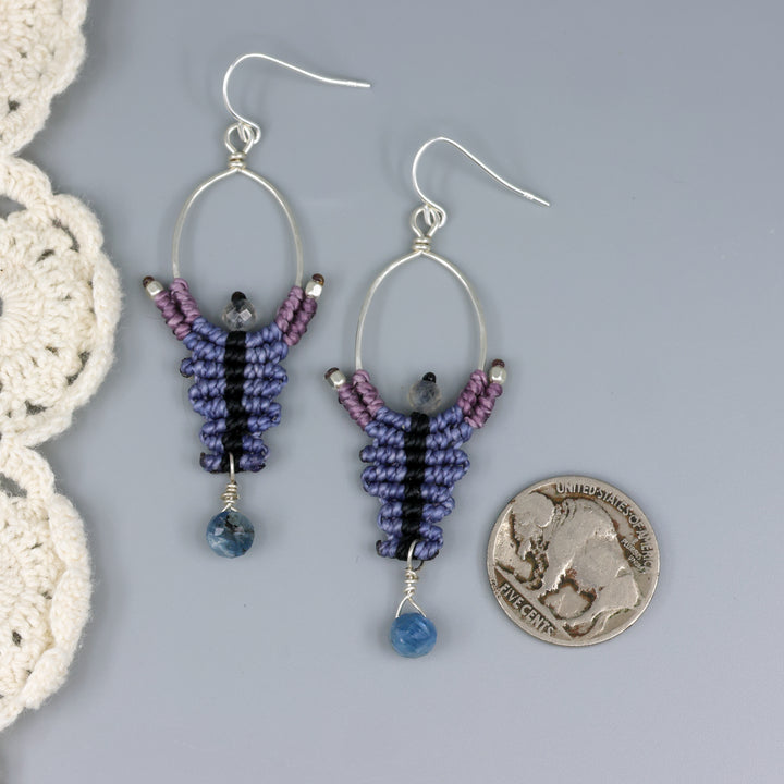 handmade macrame earrings, sterling silver hoops with kyanite and labradorite beads with a nickel for size comparison