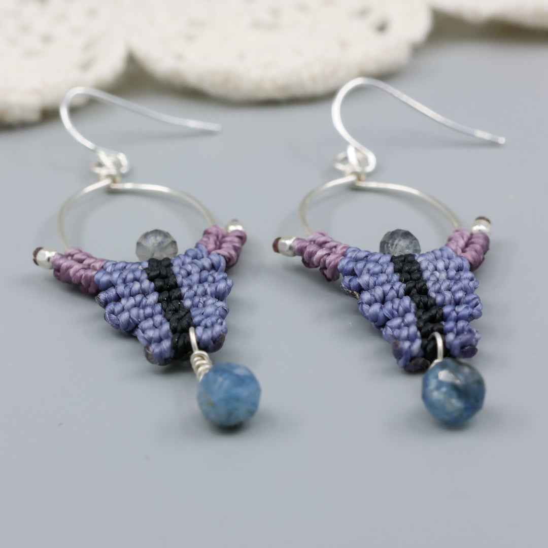 handmade macrame earrings, sterling silver hoops with kyanite and labradorite beads detail view