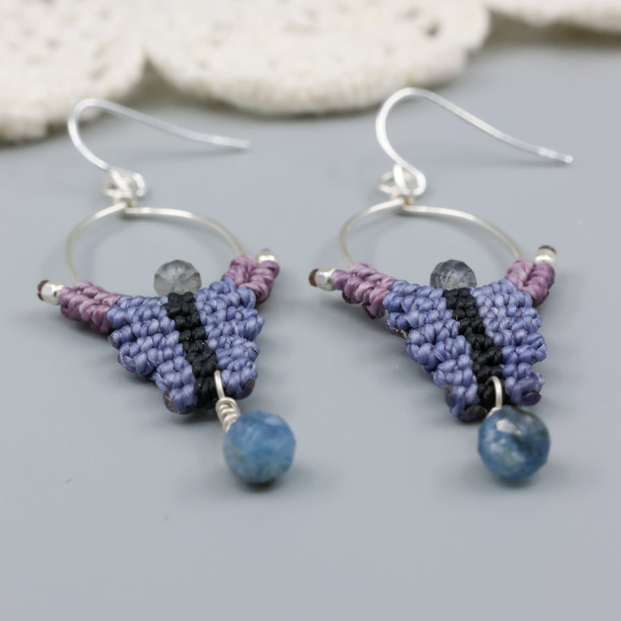 handmade macrame earrings, sterling silver hoops with kyanite and labradorite beads detail view