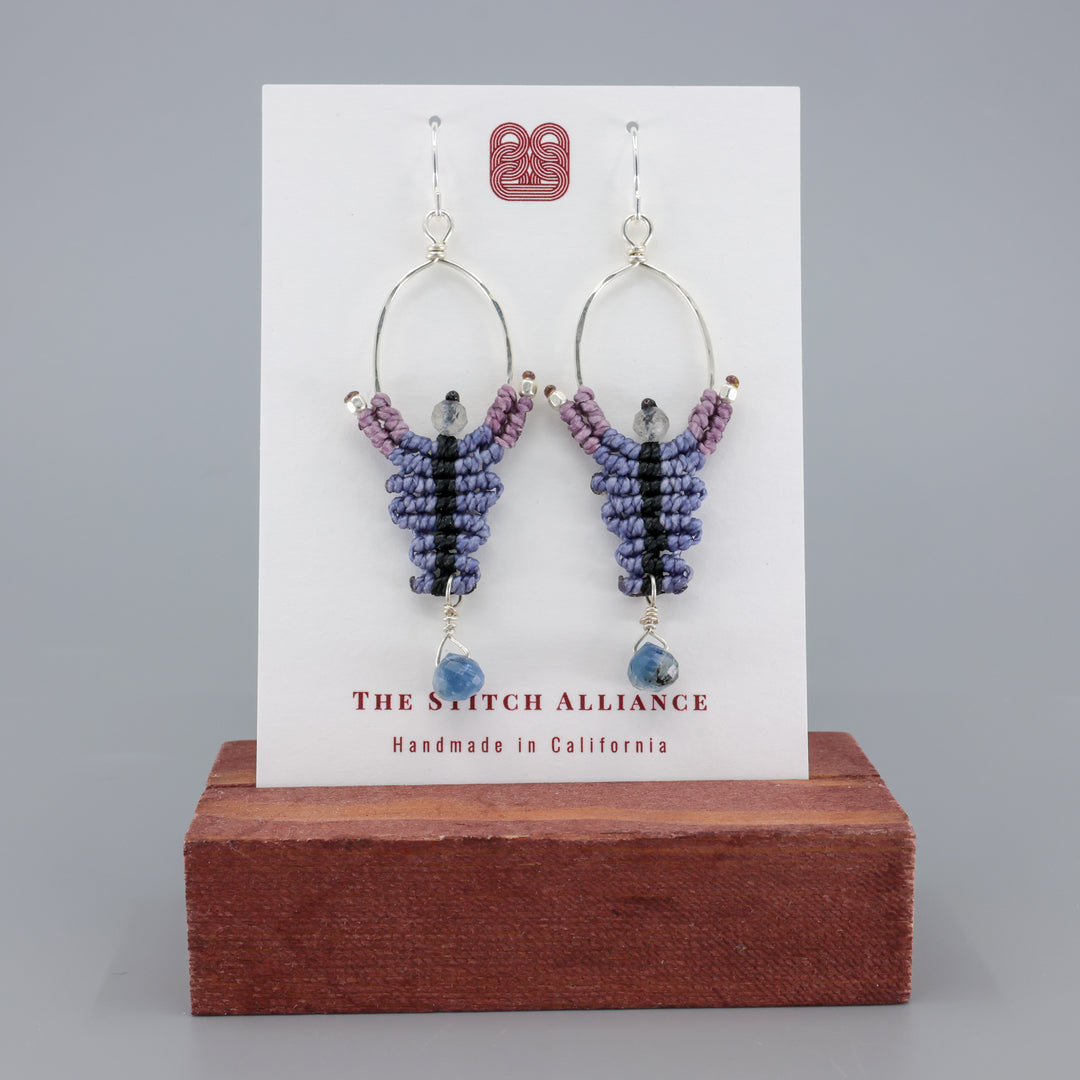 handmade macrame earrings, sterling silver hoops with kyanite and labradorite beads on a white card