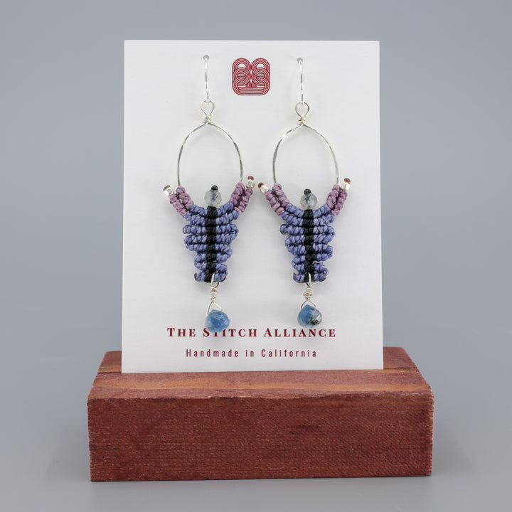 handmade macrame earrings, sterling silver hoops with kyanite and labradorite beads on a white card