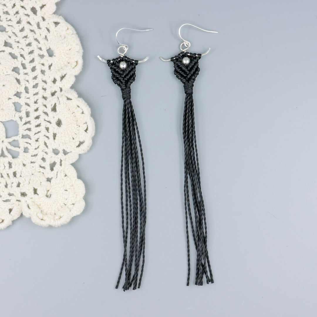 Long, handmade macrame statement earrings in black with sterling silver
