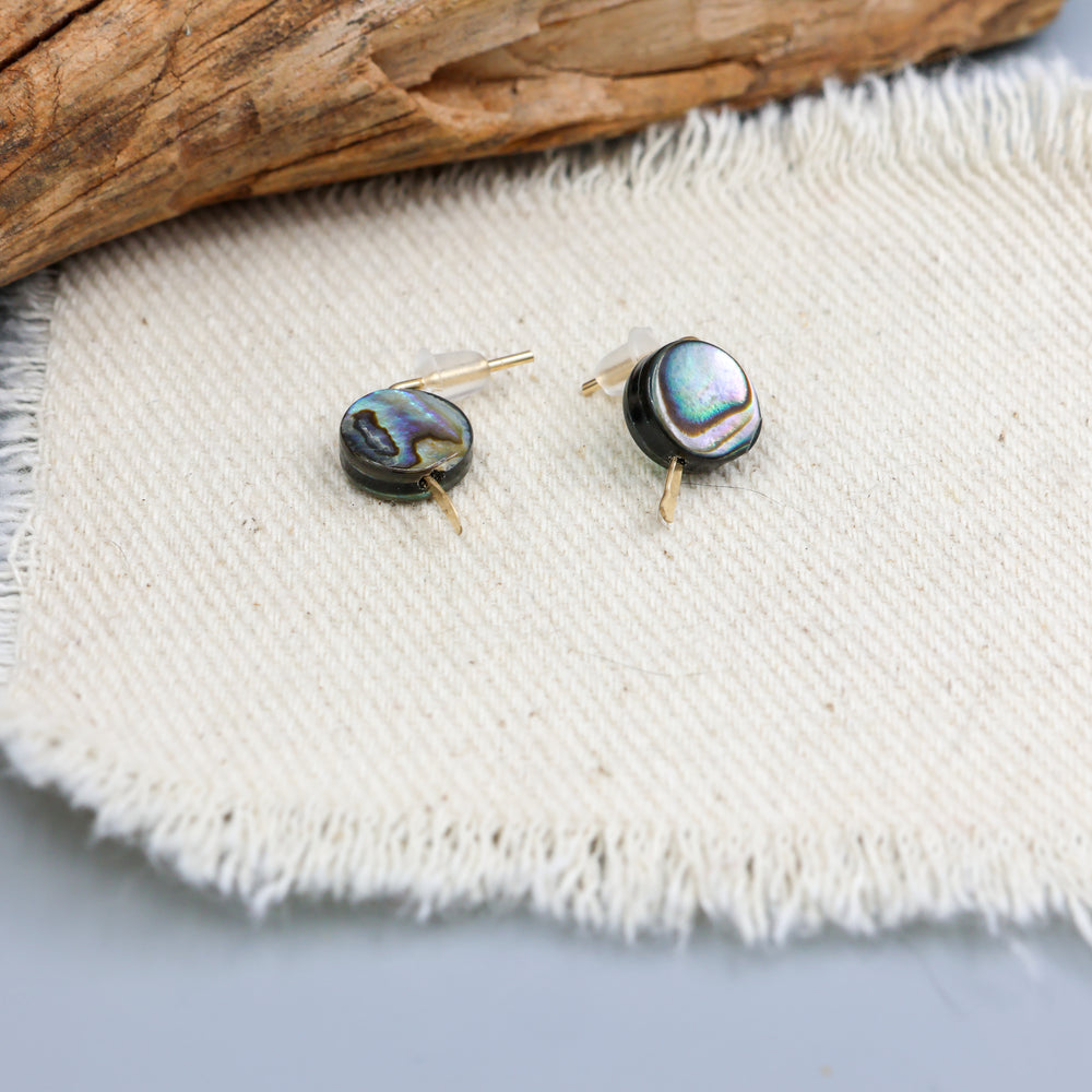 handmade abalone stud earrings gold detail view