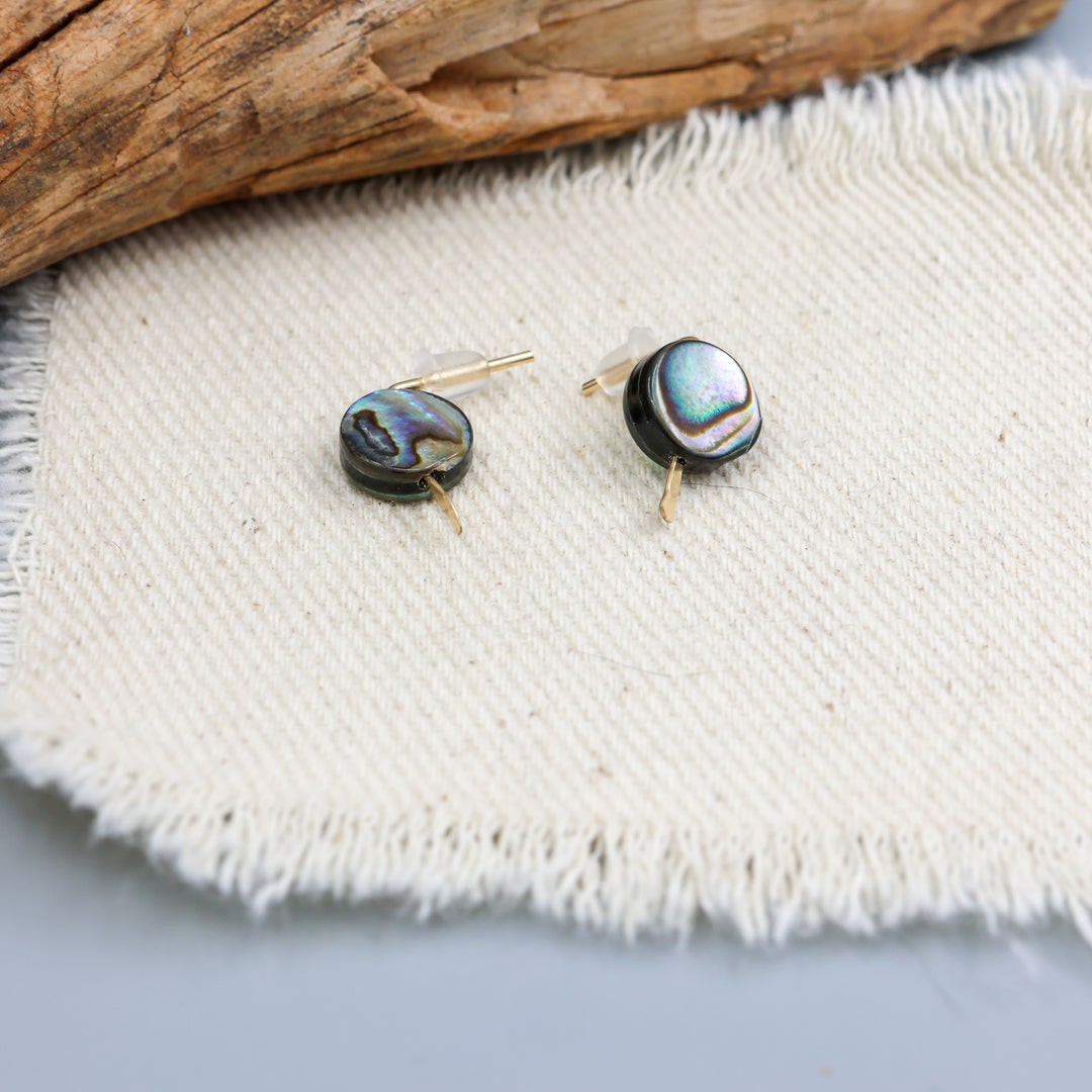 handmade abalone stud earrings gold detail view