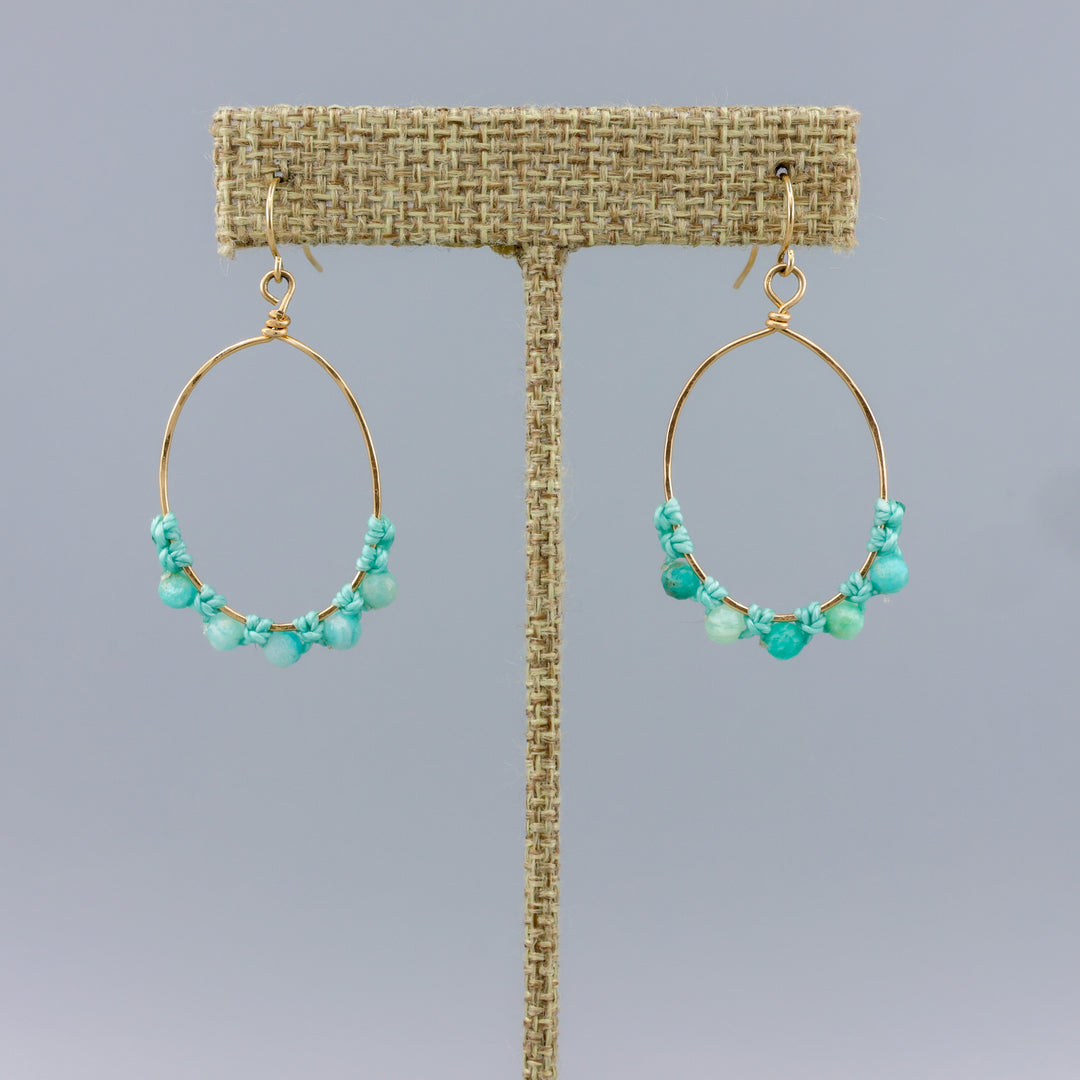 handmade gold hoops with  amazonite beads