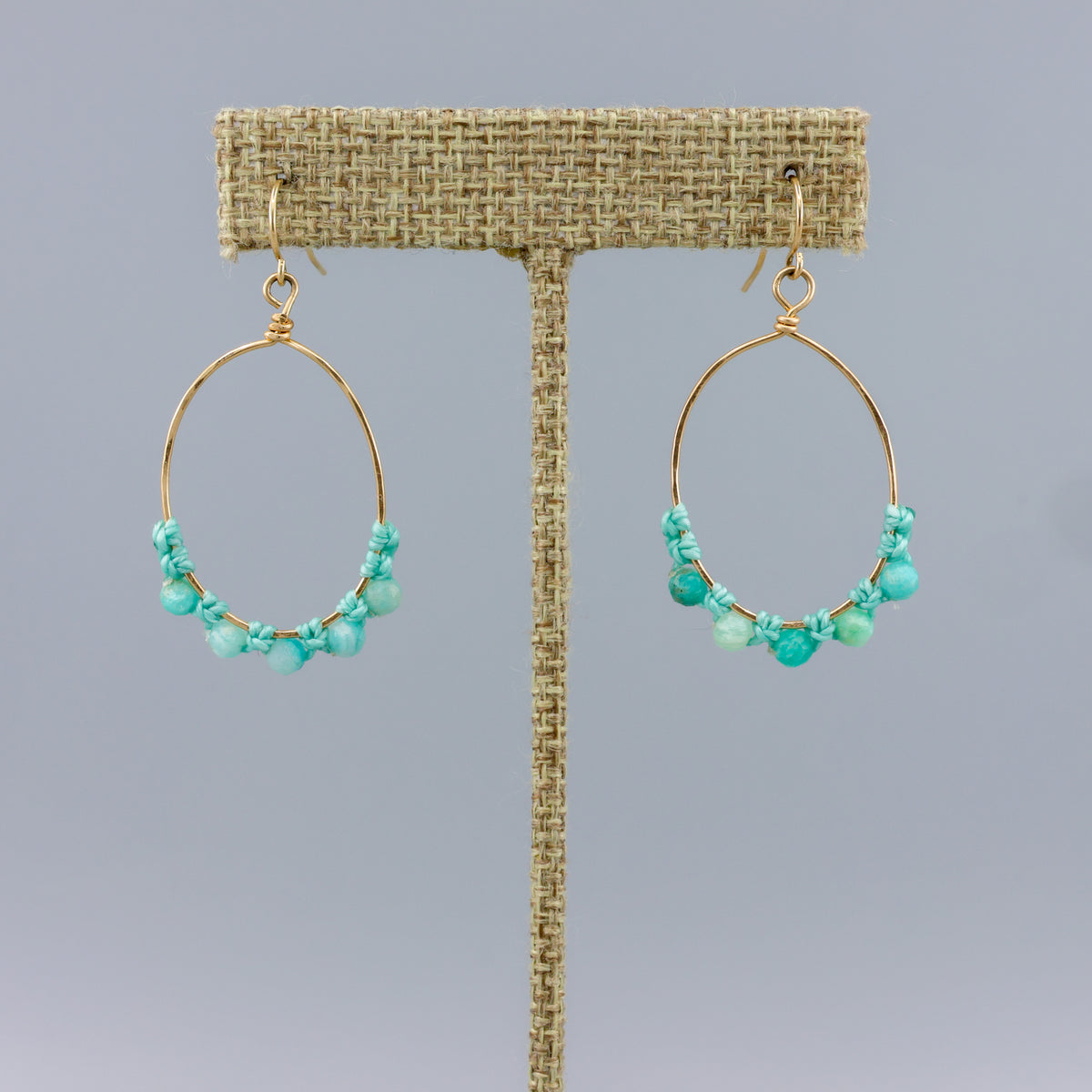 handmade gold hoops with  amazonite beads