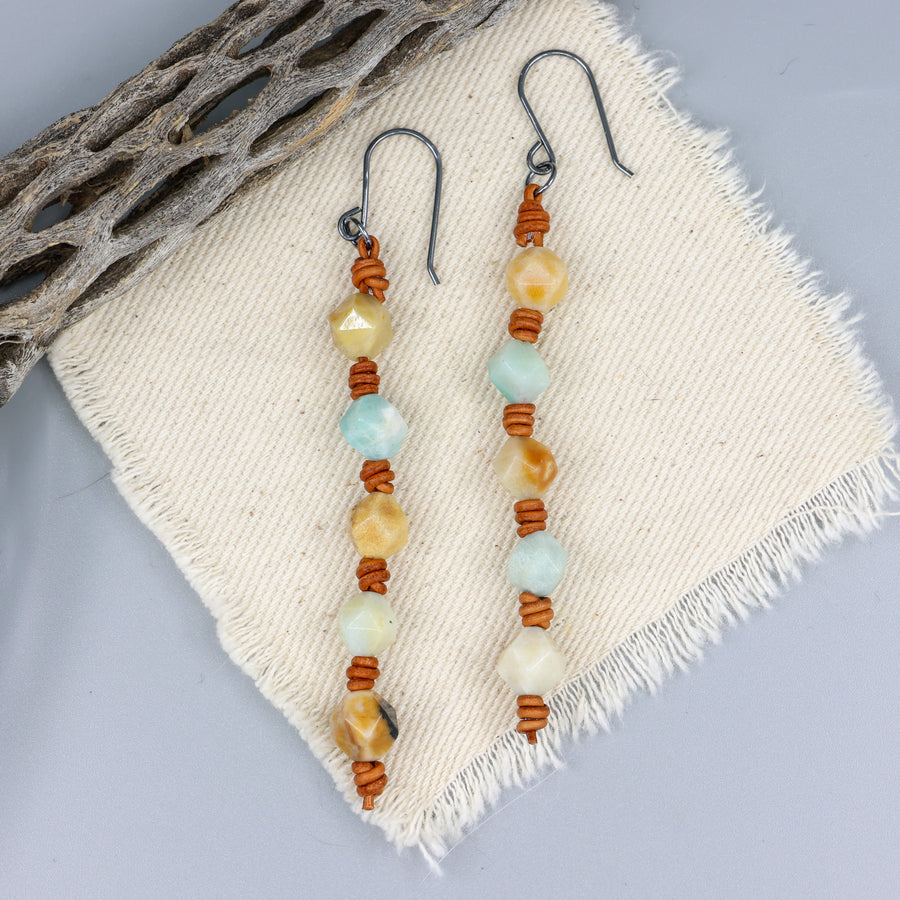 handmade amazonite and leather barrell knot earrings with handmade oxidized sterling silver ear wires