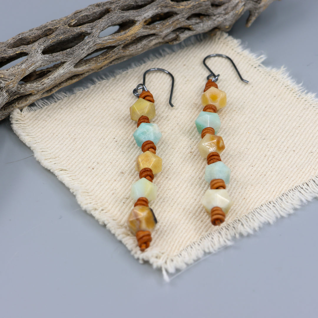 Knotted Amazonite Dangle Earrings - Oxidized Sterling