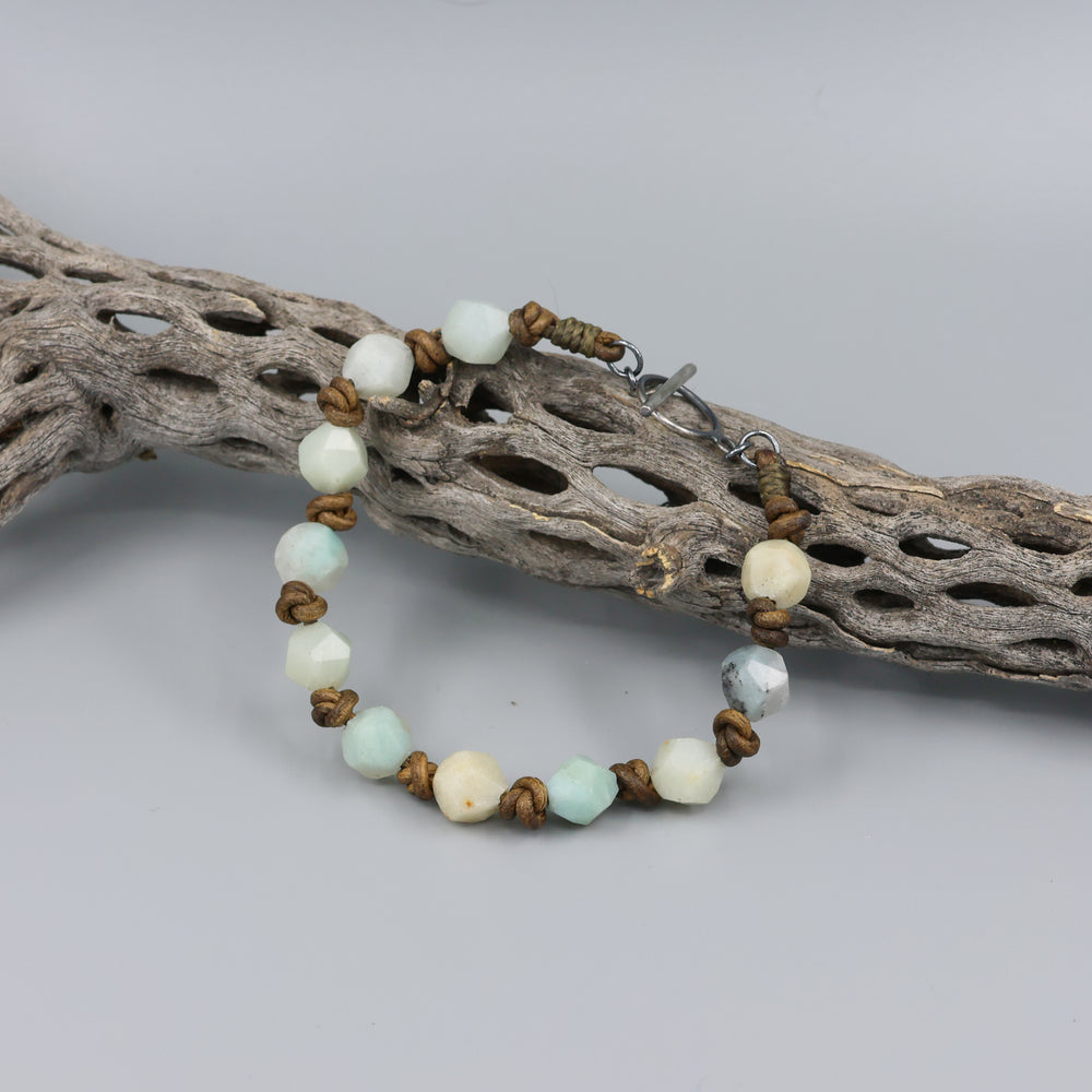 handmade amazonite, leather, sterling silver bracelet