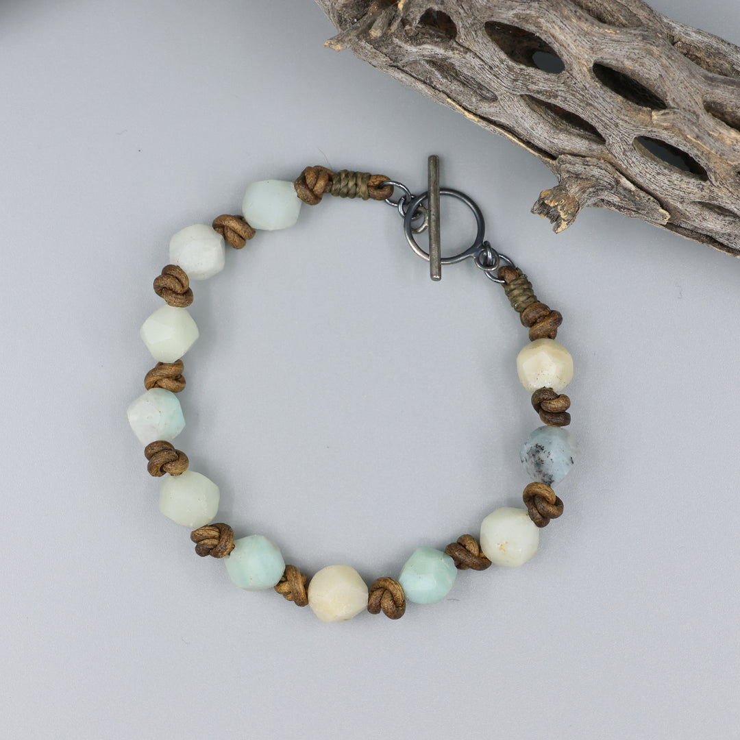 amazonite, leather, sterling silver bracelet