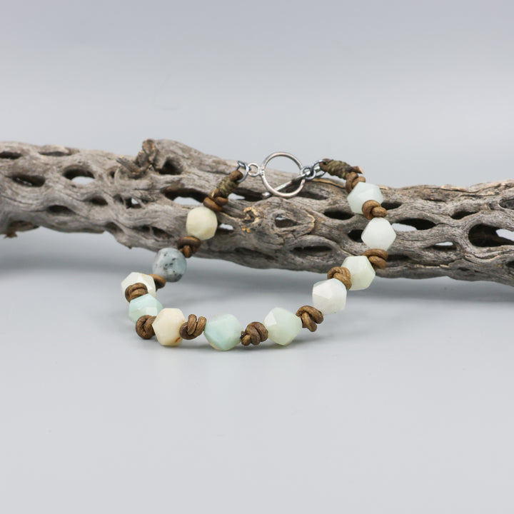 amazonite, leather, sterling silver bracelet on cholla