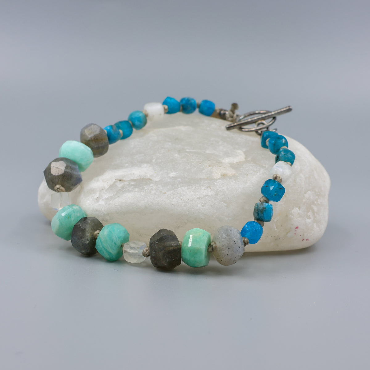 amazonite labradorite apatite and moonstone beaded bracelet