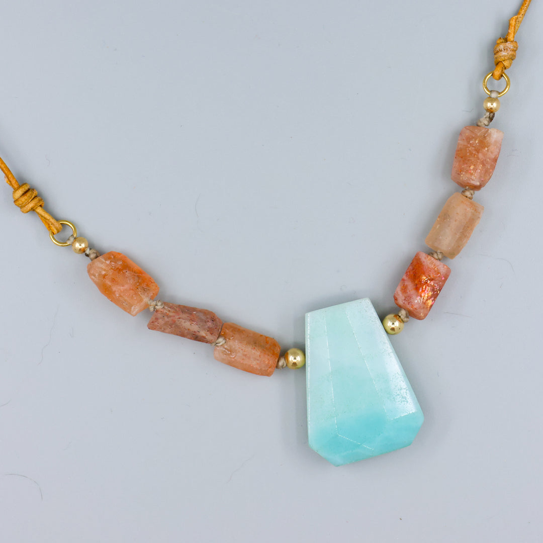 handmade amazonite, sunstone, and gold fill necklace