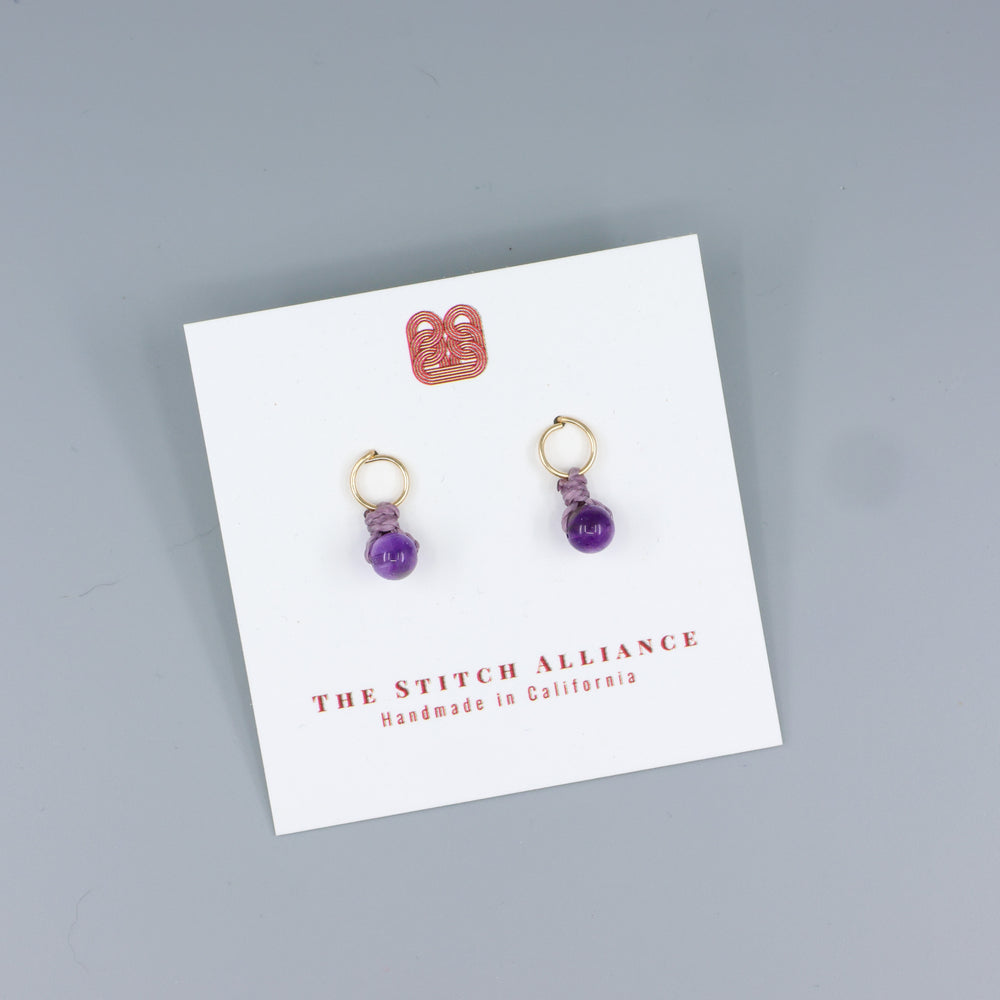 amethyst mini dangle earrings gold fill handmade usa on a white card