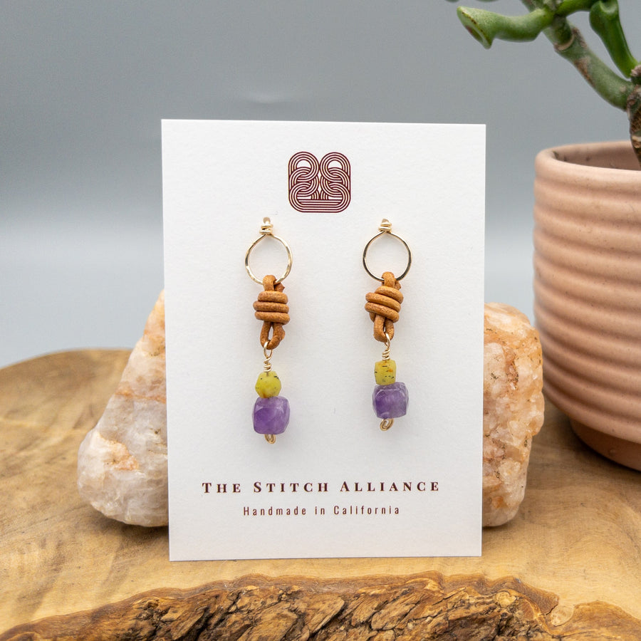 sundance earrings amethyst and jade gold filled earrings with leather knotting