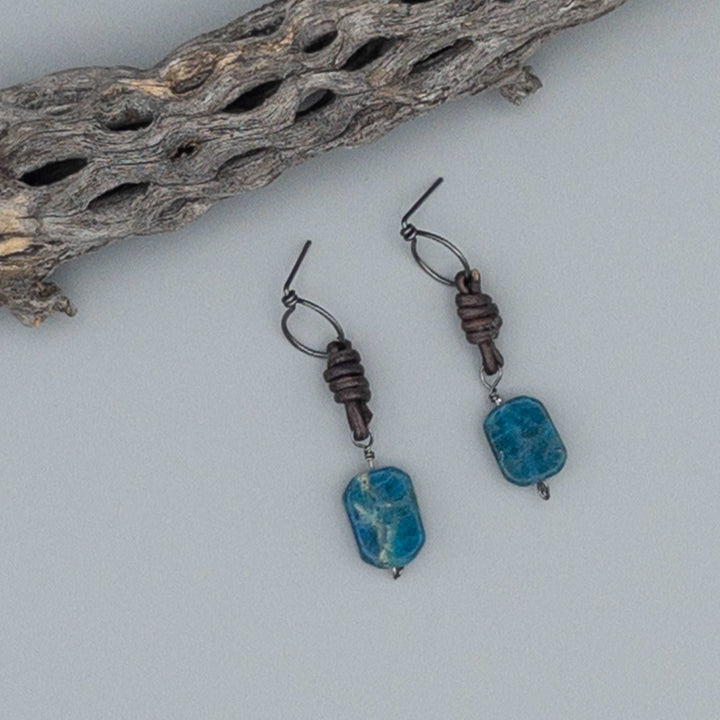 handmade apatite, leather, and sterling silver drop earrings