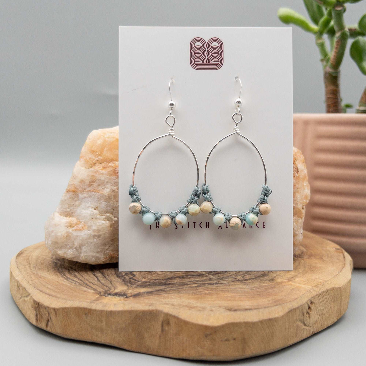Aqua terra jasper sterling silver hoop earrings oval