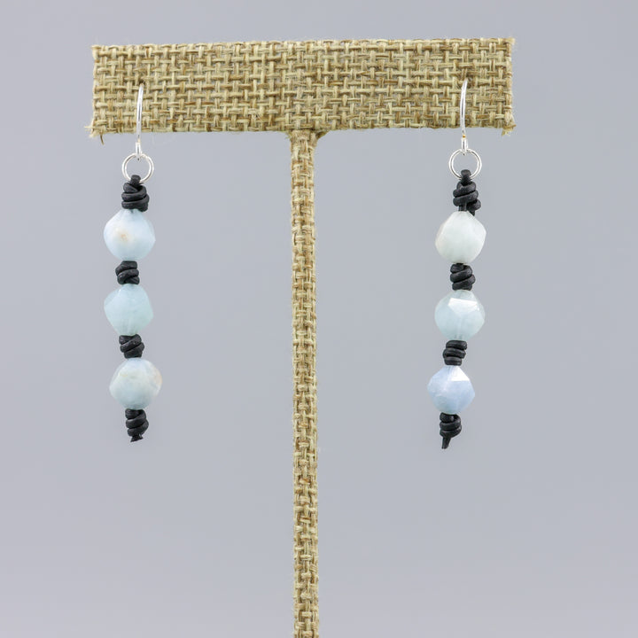 aquamarine, leather, and sterling silver handmade earrings