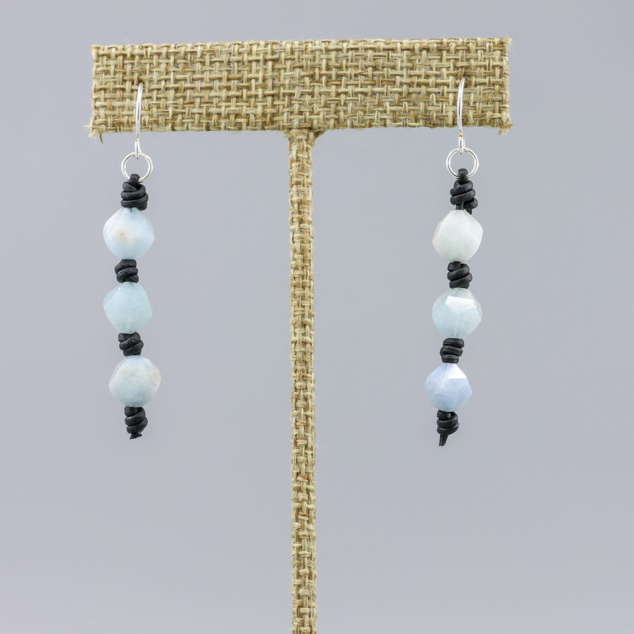 aquamarine, leather, and sterling silver handmade earrings