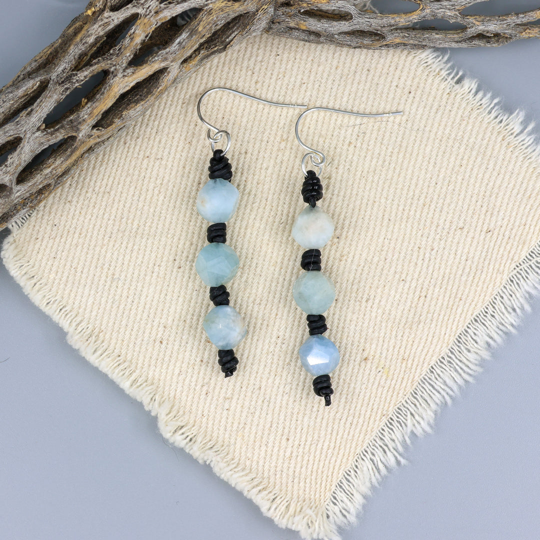 handmade aquamarine, leather, and sterling silver handmade earrings