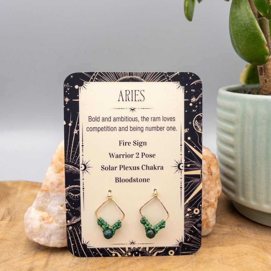 Aries Bloodstone Gold Filled Earrings on a gift card