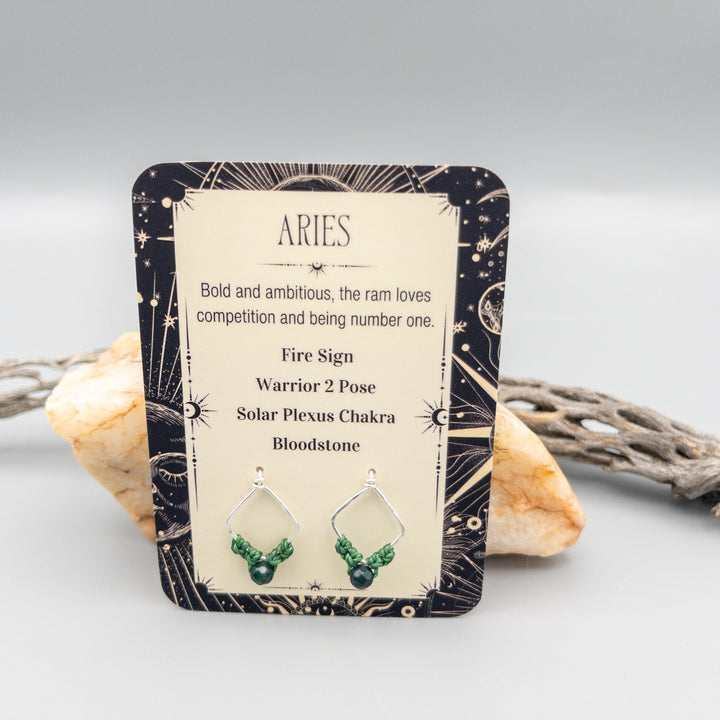 Aries bloodstone sterling silver earrings front of card
